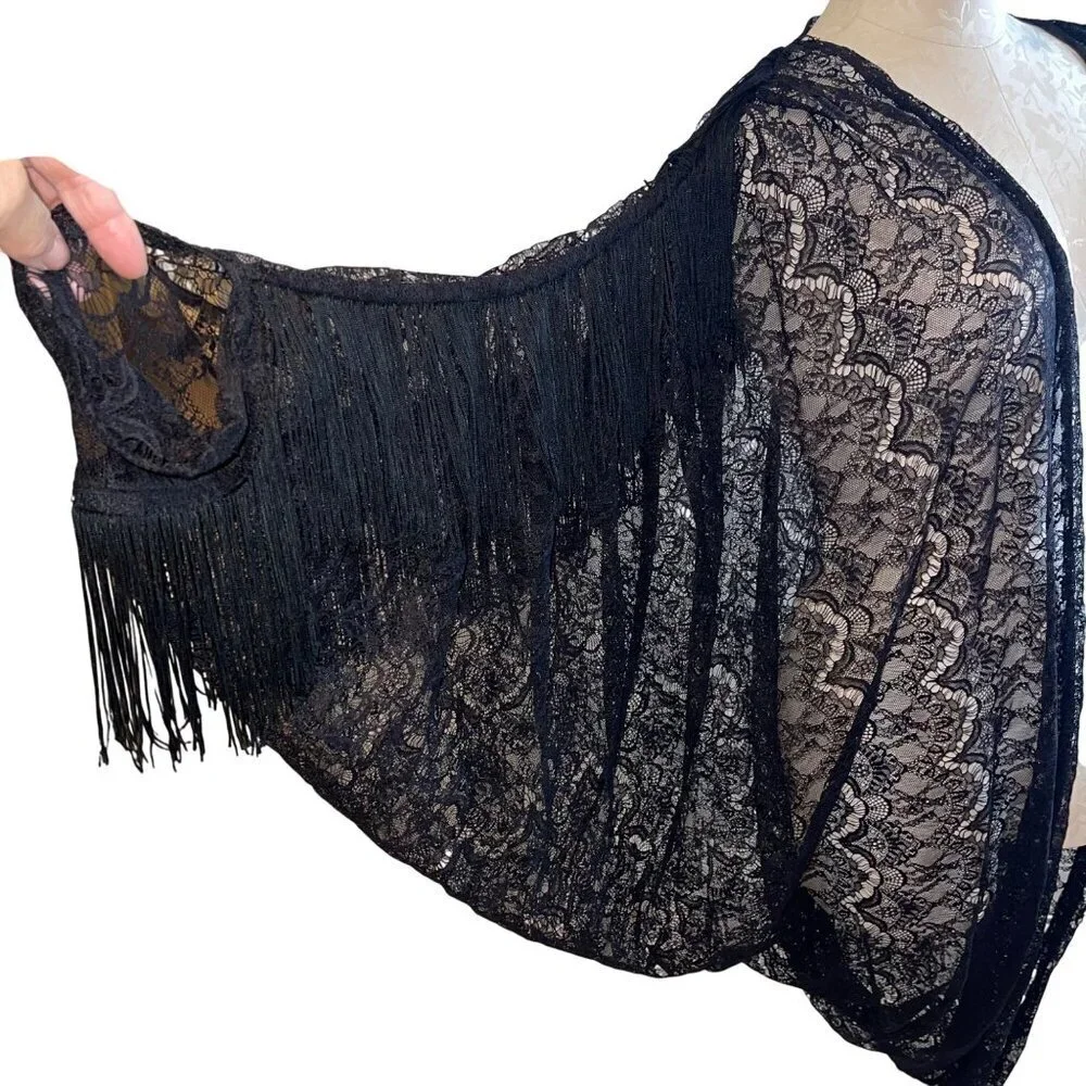 Womens Shawl One Size Black Lace Fringe Beaded Sequin Cocoon Dolman Sleeve